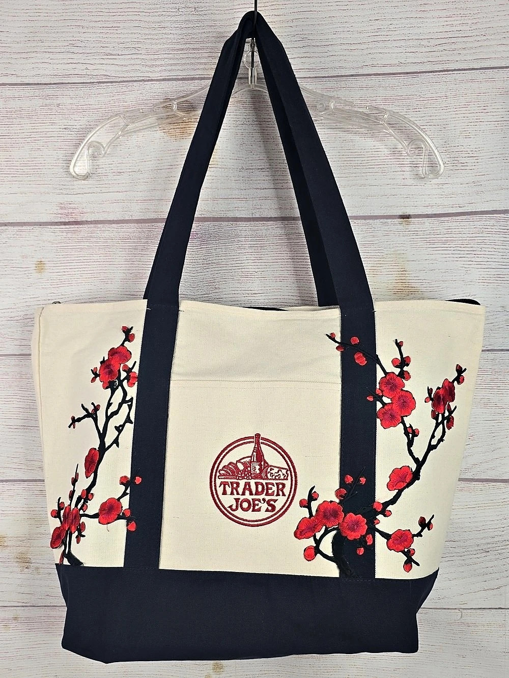 Trader Joe's Sakura Blossom Floral Tote Bag in Cream Iron-On Patch & Zipper NWT